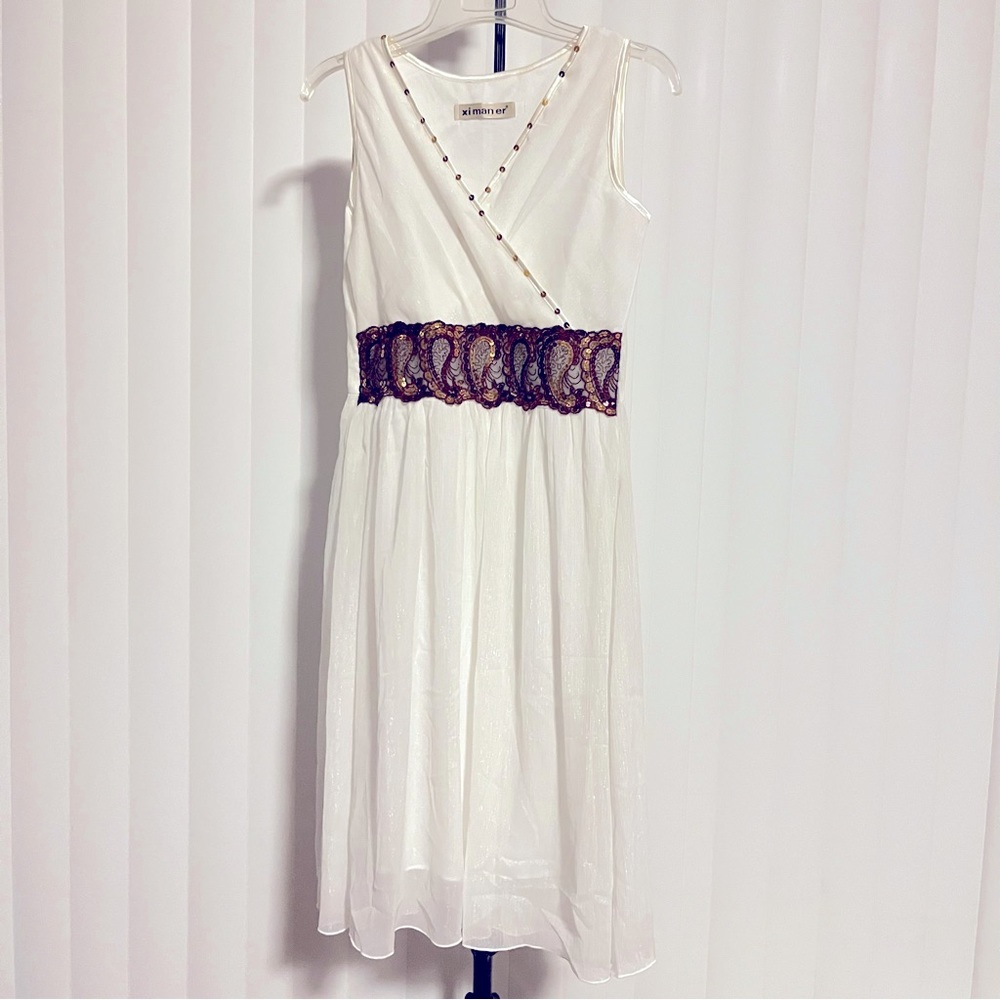 Y2K White Surplice Neck Shimmery A-Line Dress